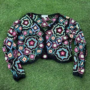 Norm‎ Thompson Womens Cardigan Medium Crochet Y2K Vintage 80's Granny Festival